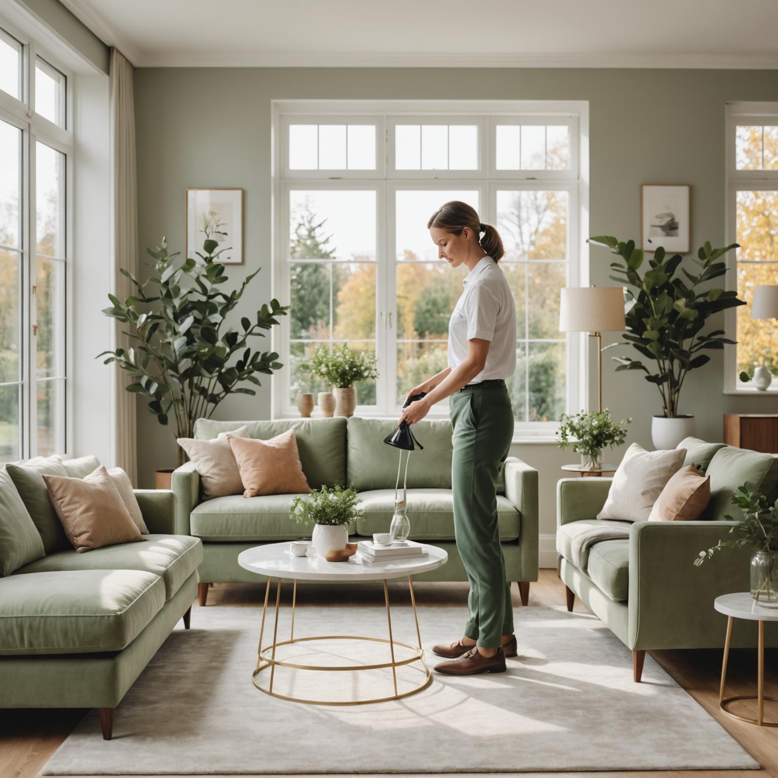 Sunlit Mayfair living room mid-clean by a Fyndera attendant