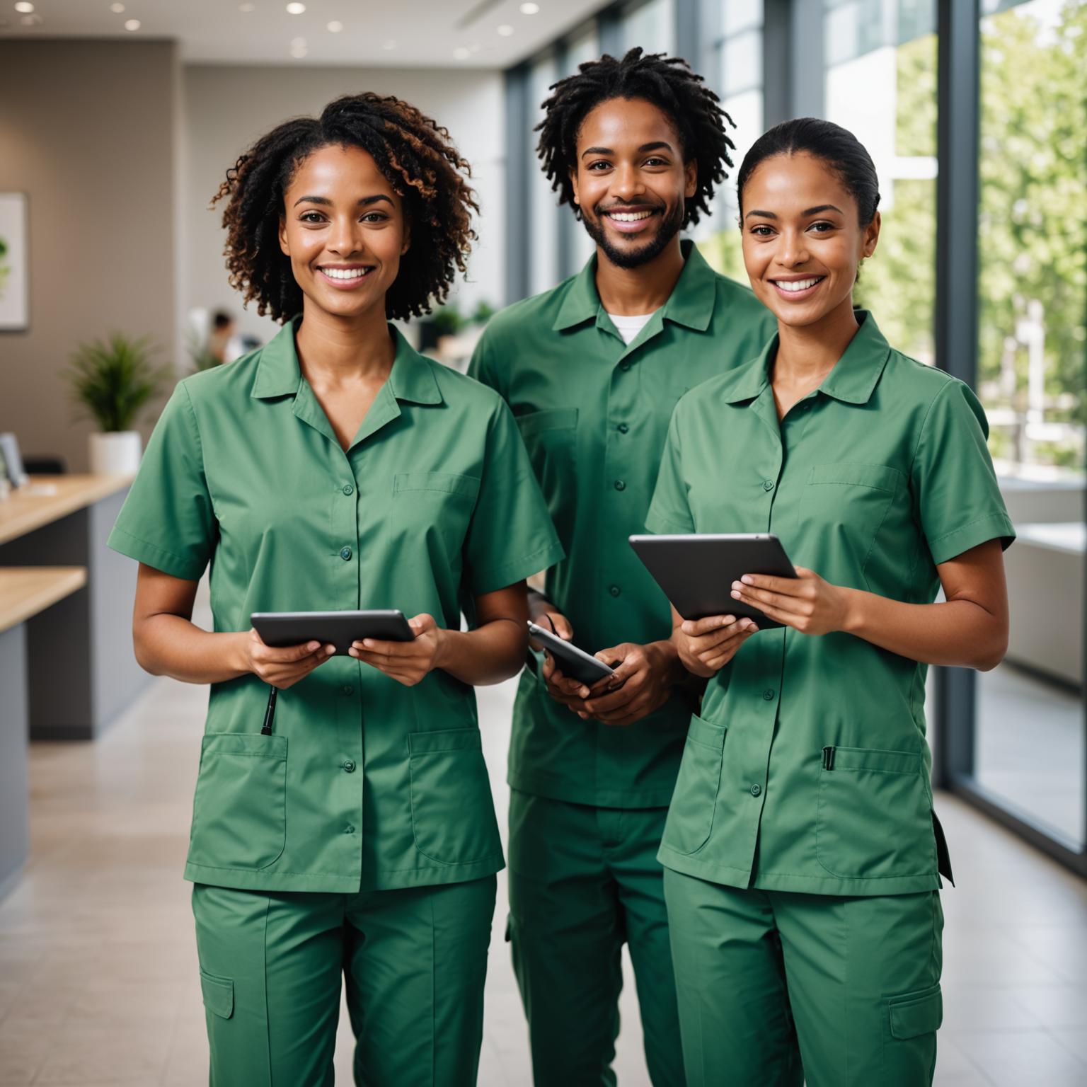 Three Fyndera cleaning attendants in sage uniforms
